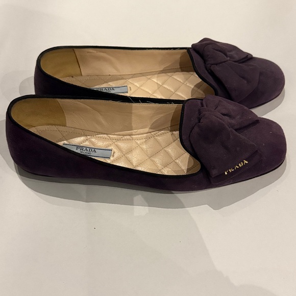 Prada Women's Deep Purple Suede Flats with Bow with Gold Prada accents - Picture 2 of 13